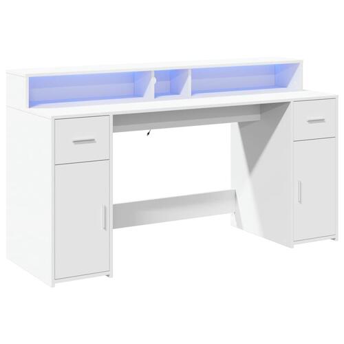 Skrivebord med LED-lys 160x55x91 cm konstrueret træ hvid