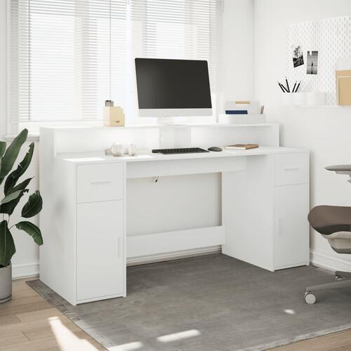 Skrivebord med LED-lys 160x55x91 cm konstrueret træ hvid