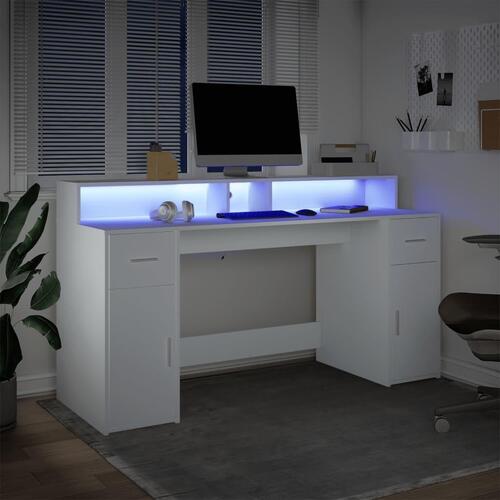 Skrivebord med LED-lys 160x55x91 cm konstrueret træ hvid