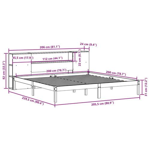 Seng med reol uden madras 200x200 cm massivt fyrretræ