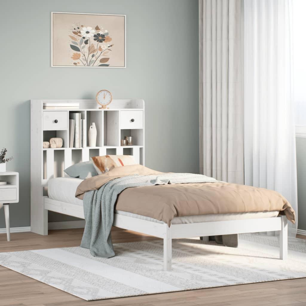 Seng med reol uden madras 90x190 cm massivt fyrretræ hvid billede