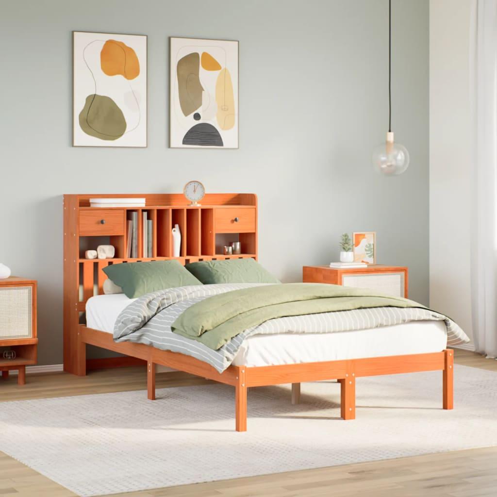 Seng med reol uden madras 135x190cm massivt fyrretræ gyldenbrun