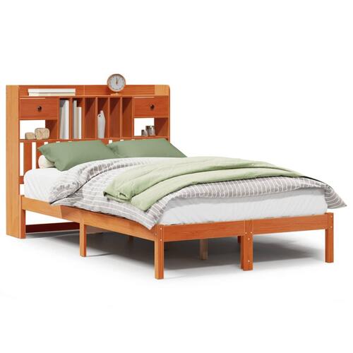 Seng med reol uden madras 135x190cm massivt fyrretræ gyldenbrun