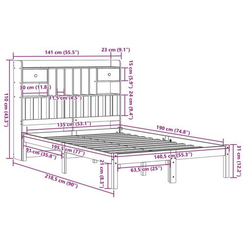 Seng med reol uden madras 135x190cm massivt fyrretræ gyldenbrun