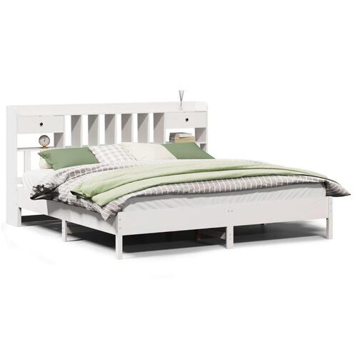 Seng med reol uden madras 200x200 cm massivt fyrretræ hvid