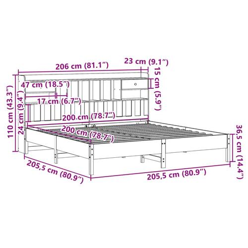Seng med reol uden madras 200x200 cm massivt fyrretræ hvid