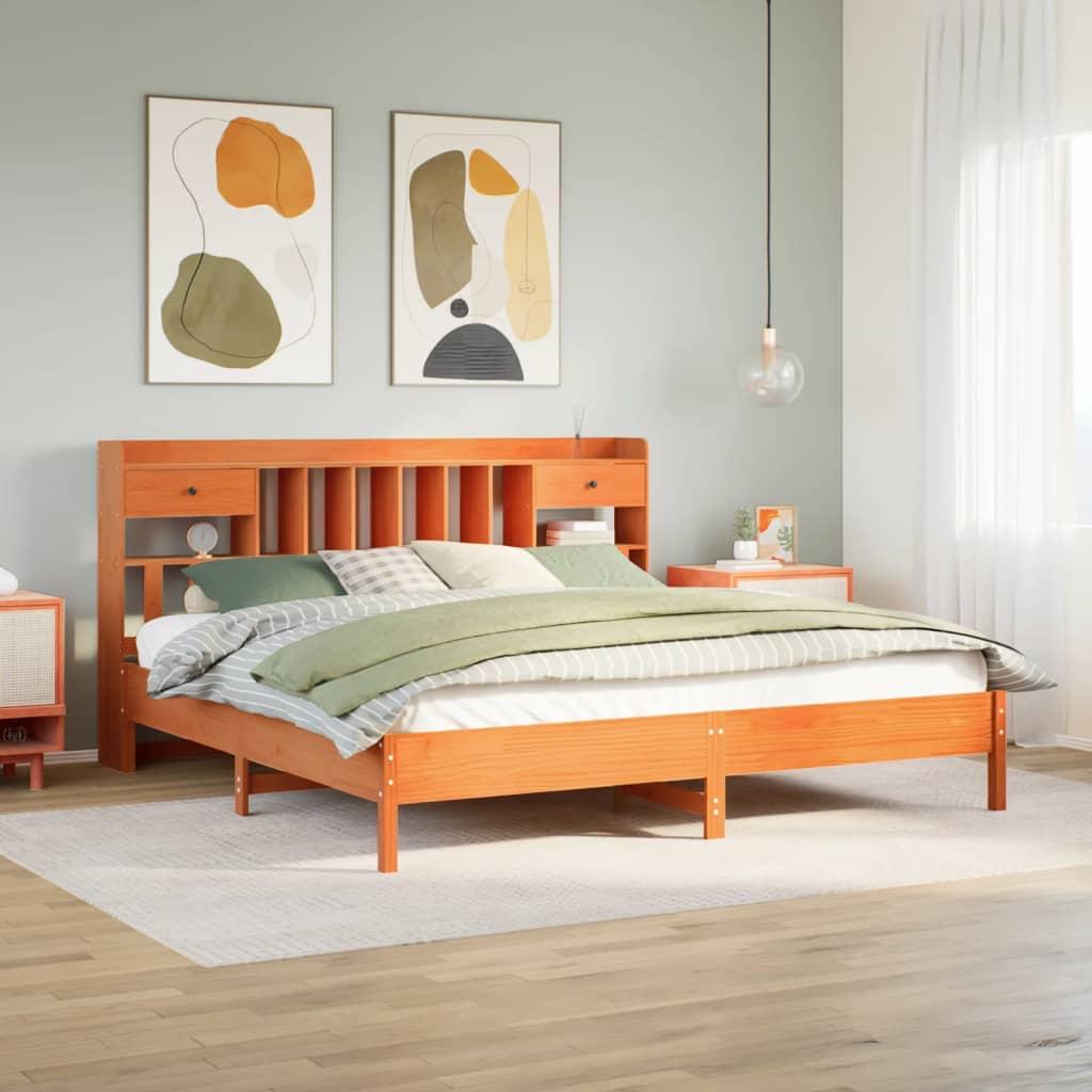 Seng med reol uden madras 180x200cm massivt fyrretræ gyldenbrun