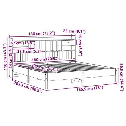 Seng med reol uden madras 180x200cm massivt fyrretræ gyldenbrun