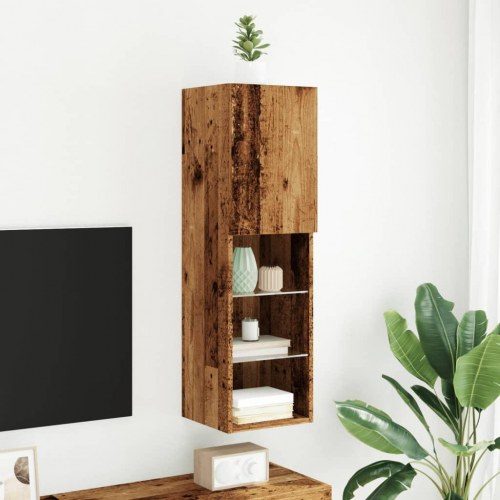 Væghængt tv-bord med RGB LED-lys 30,5×30×102 cm - gammelt trælook