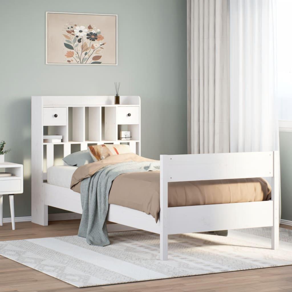 Seng med reol uden madras 90x190 cm massivt fyrretræ hvid billede