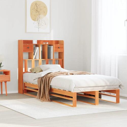 Seng med reol uden madras 90x200 cm massivt fyrretræ gyldenbrun