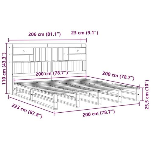 Seng med reol uden madras 200x200 cm massivt fyrretræ