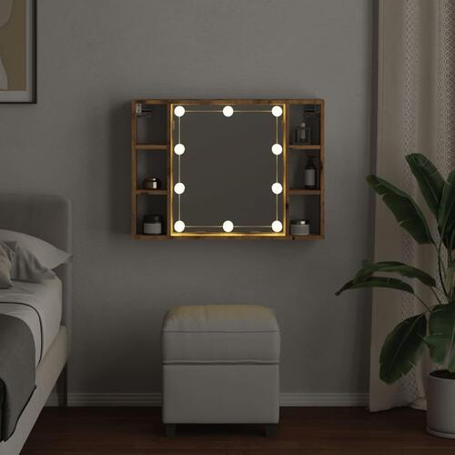 Spejlskab med LED-lys 76x15x55 cm konstrueret træ kunsteg