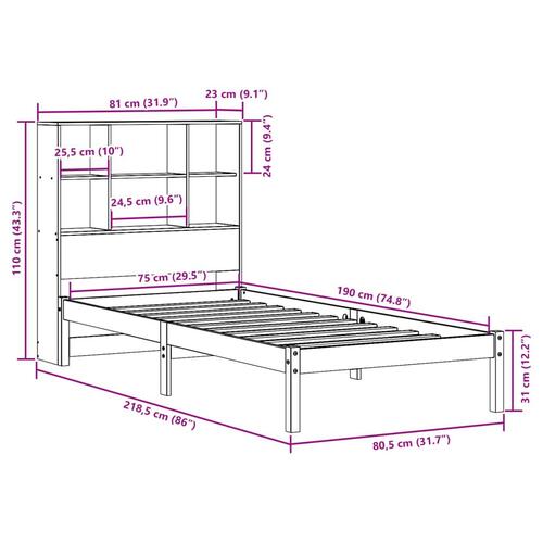 Seng med reol uden madras 75x190 cm massivt fyrretræ gyldenbrun