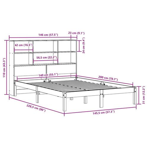 Seng med reol uden madras 140x200cm massivt fyrretræ gyldenbrun