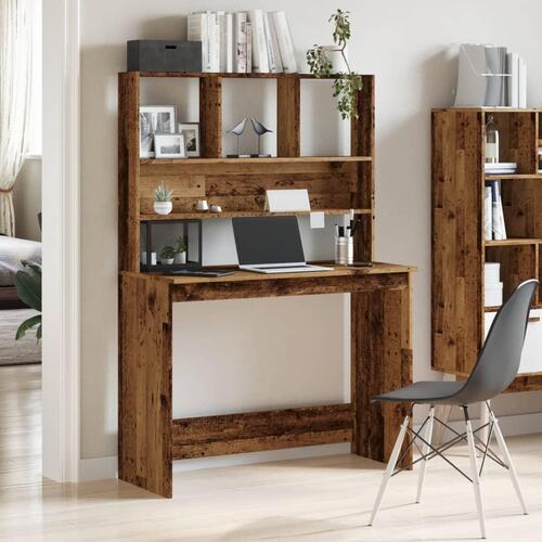 Skrivebord m. hylder 102x45x148 cm konstrueret træ antikt træ