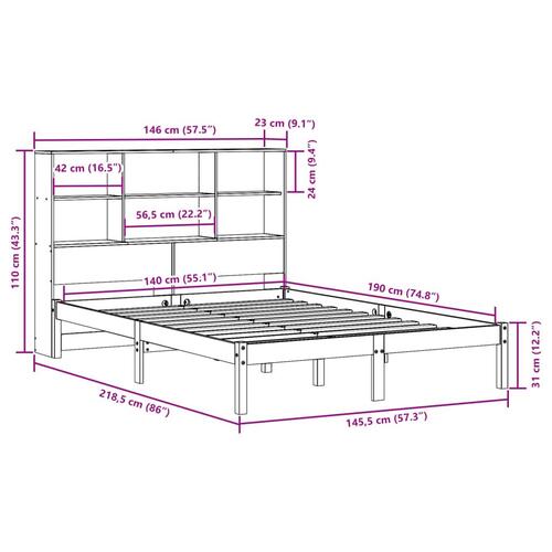 Seng med reol uden madras 140x190 cm massivt fyrretræ