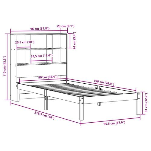 Seng med reol uden madras 90x190 cm massivt fyrretræ gyldenbrun