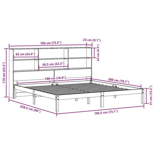 Seng med reol uden madras 180x200cm massivt fyrretræ gyldenbrun