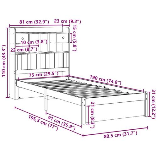 Seng med reol uden madras 75x190 cm massivt fyrretræ
