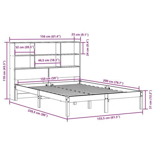 Seng med reol uden madras 150x200 cm massivt fyrretræ hvid