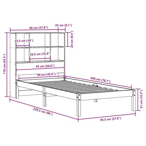 Seng med reol uden madras 90x200 cm massivt fyrretræ gyldenbrun