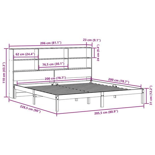 Seng med reol uden madras 200x200cm massivt fyrretræ gyldenbrun