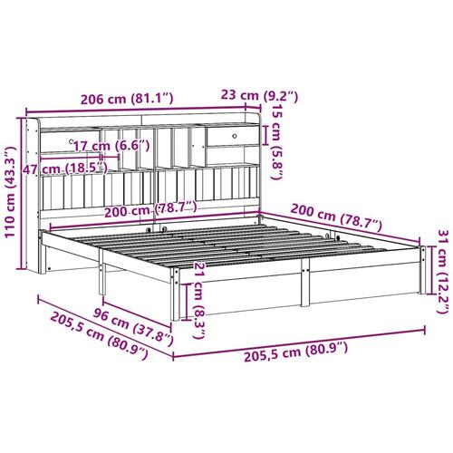 Seng med reol uden madras 200x200 cm massivt fyrretræ hvid