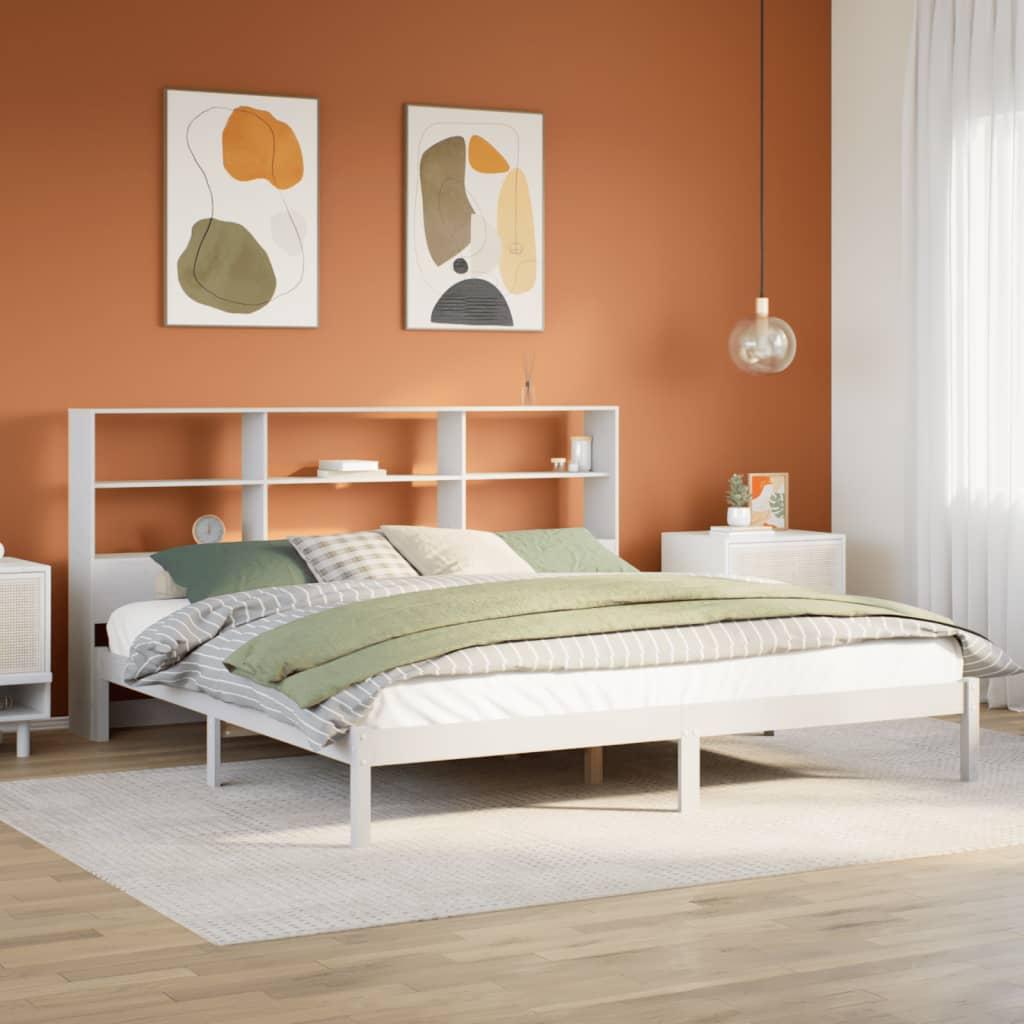 Seng med reol uden madras 200x200 cm massivt fyrretræ hvid