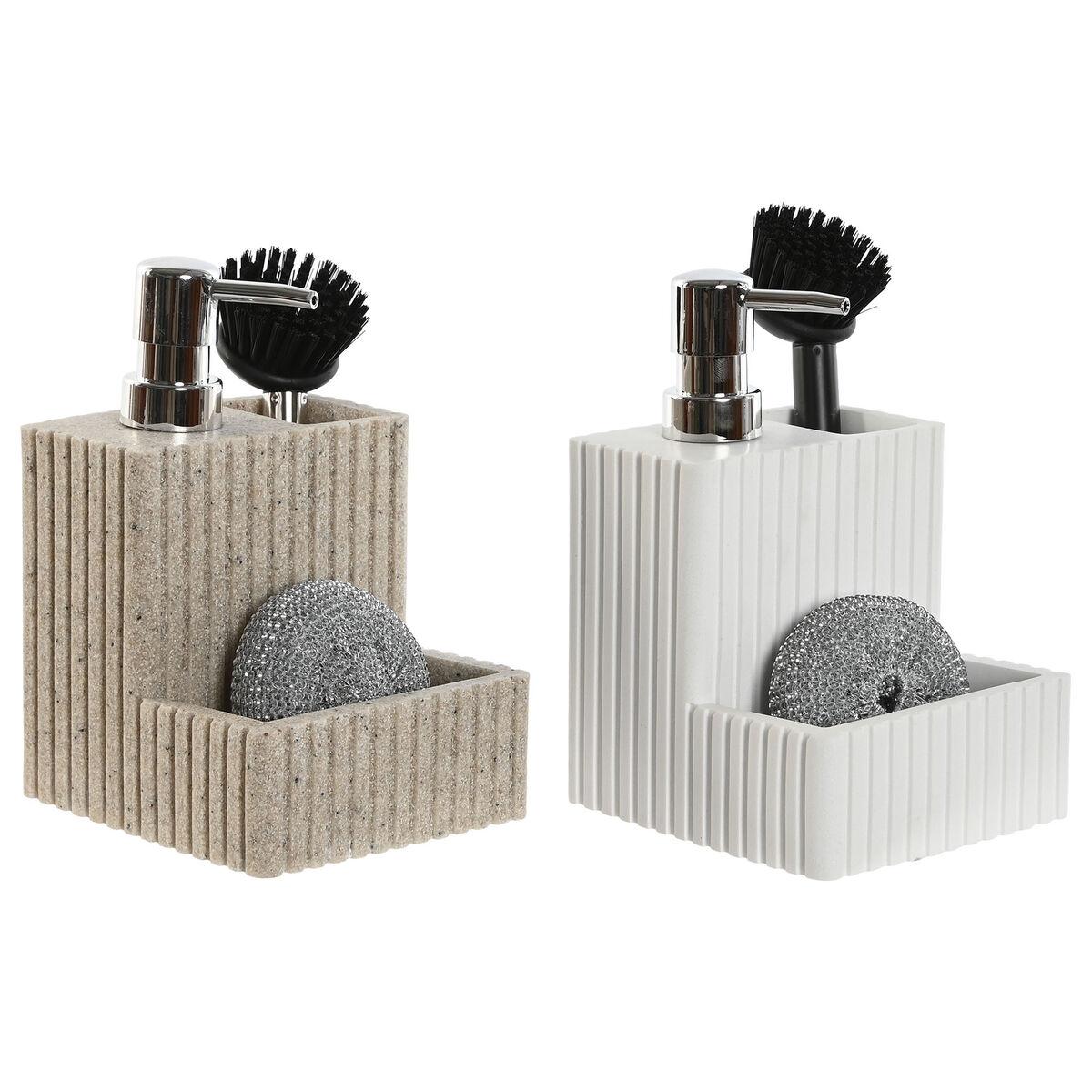 Skurebørste med hank og sæbedispenser Home ESPRIT Hvid Beige 11,5 x 11,5 x 18 cm (2 enheder)