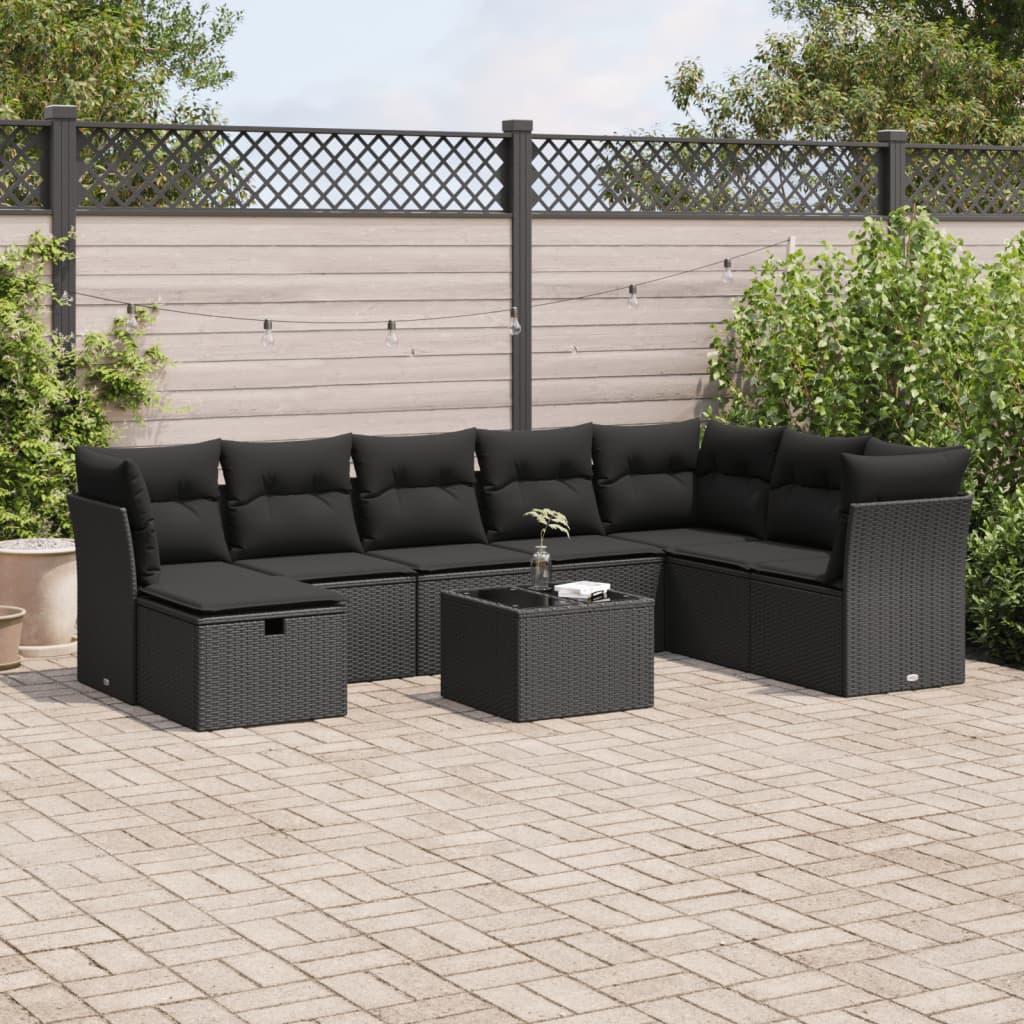 Havesofasæt i polyrattan - 9 dele med hynder, sort