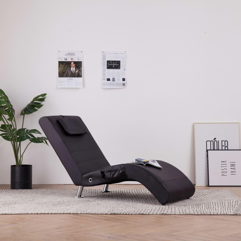 Chaiselong med massagefunktion og pude kunstlæder brun