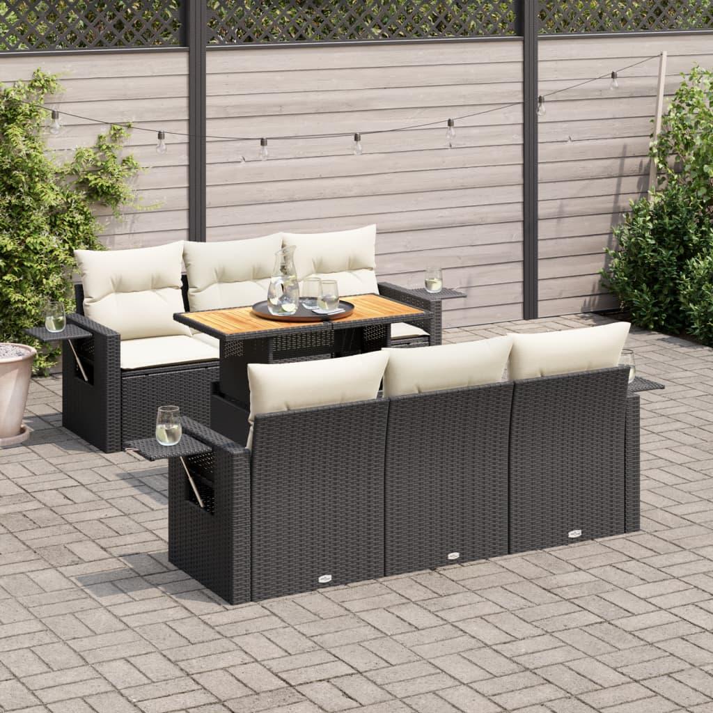 Havesofasæt i polyrattan - 7 dele med hynder, sort