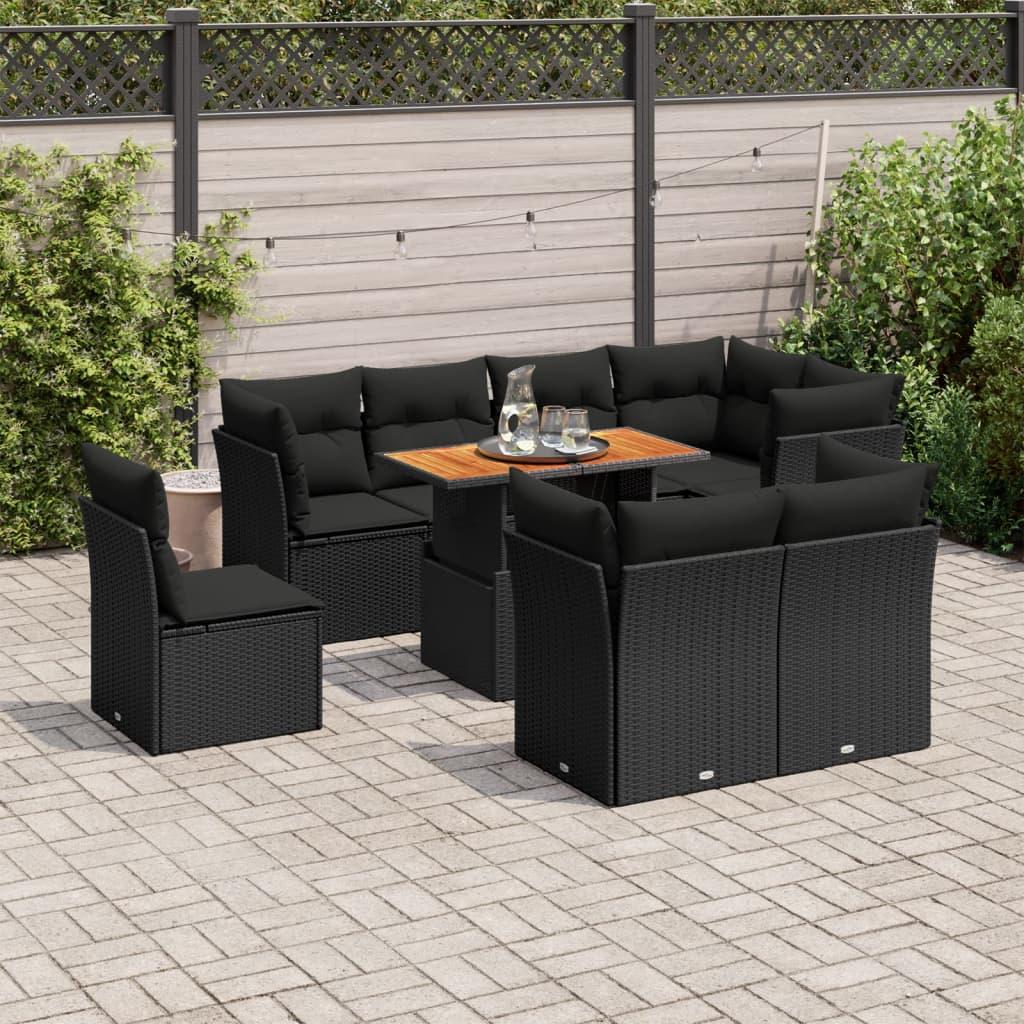 Sofasæt til haven i polyrattan - 9 dele med hynder, sort