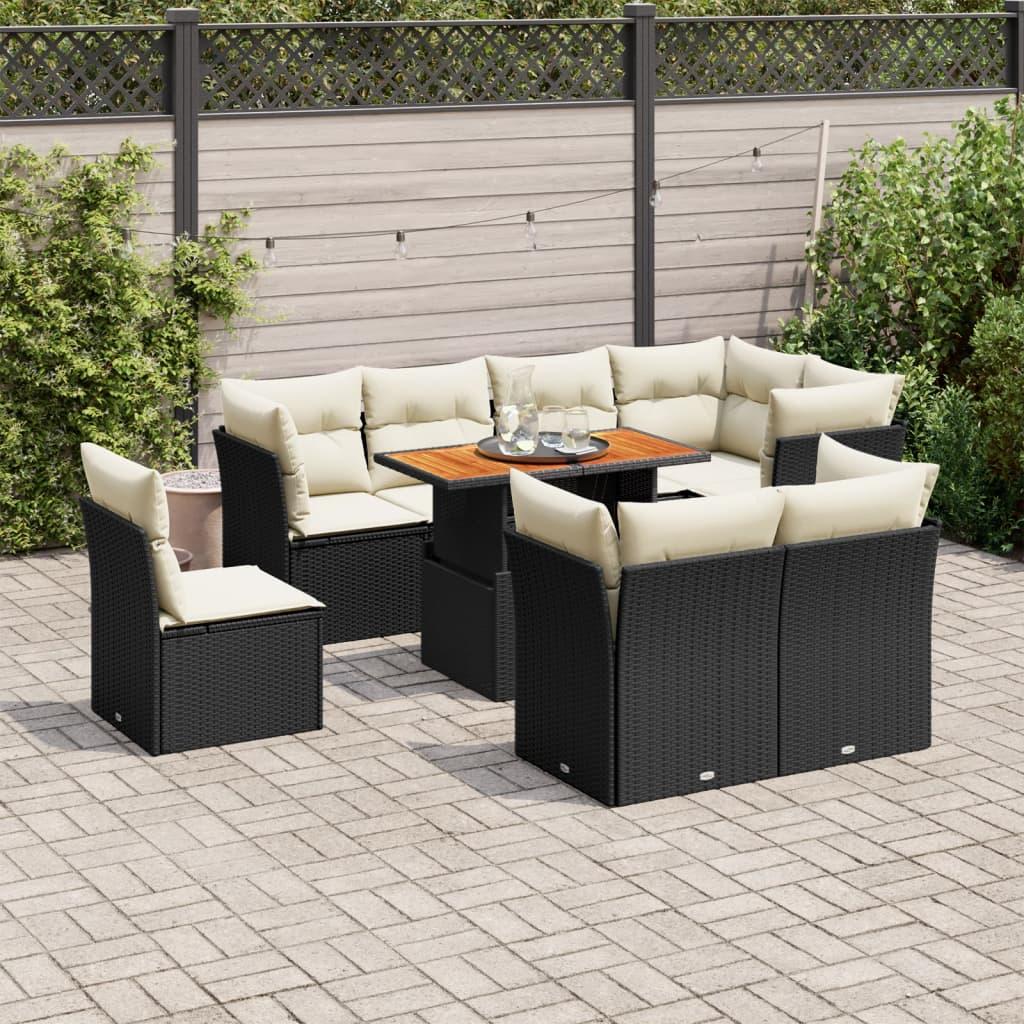 Sofasæt til haven i polyrattan - 9 dele med hynder, sort