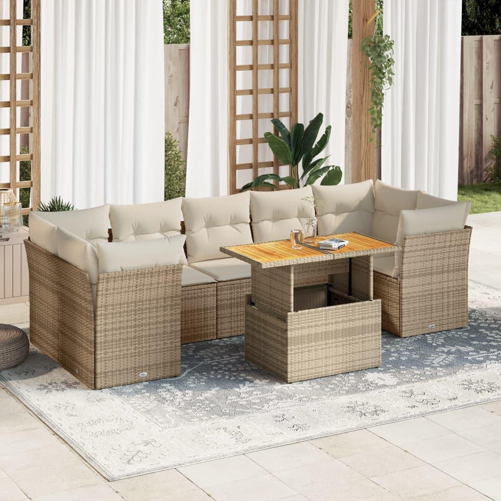 Havesofasæt i polyrattan - 8 dele med hynder, beige