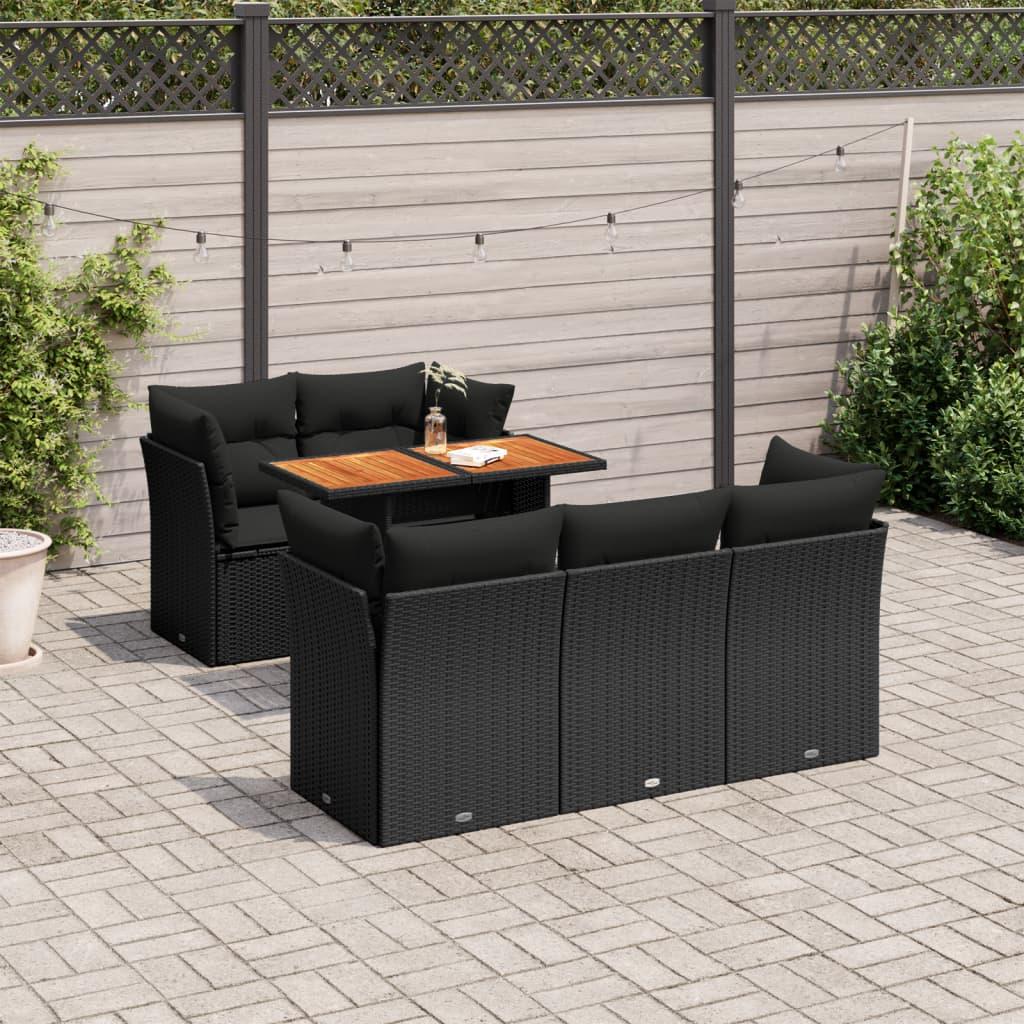 Havesofasæt i polyrattan - 6 dele med hynder, sort