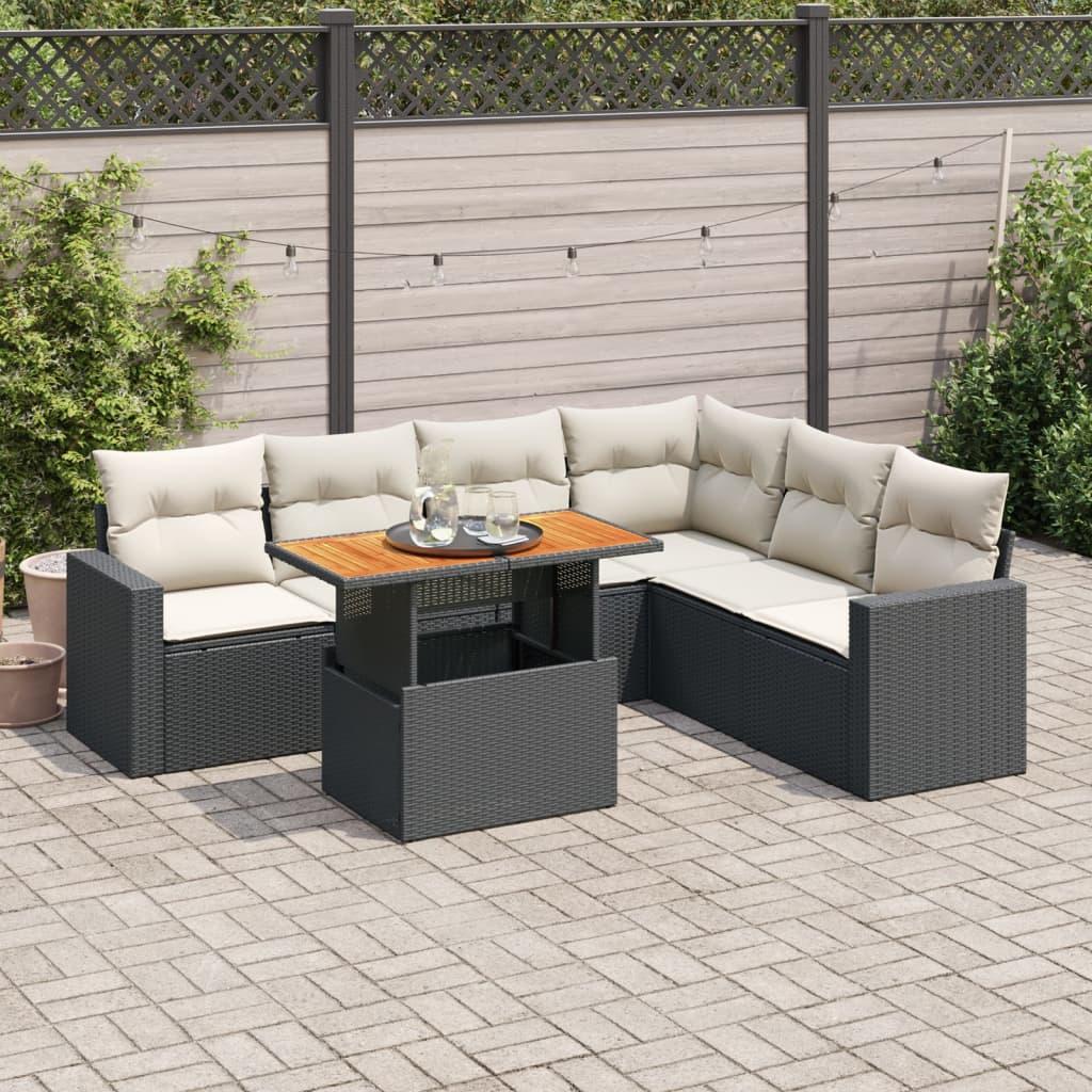 Sofasæt til haven i polyrattan - 7 dele med hynder, sort
