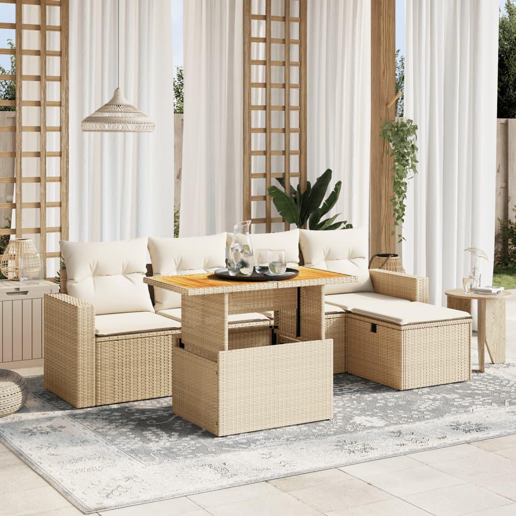 Sofasæt til haven 6 dele med hynder i polyrattan beige