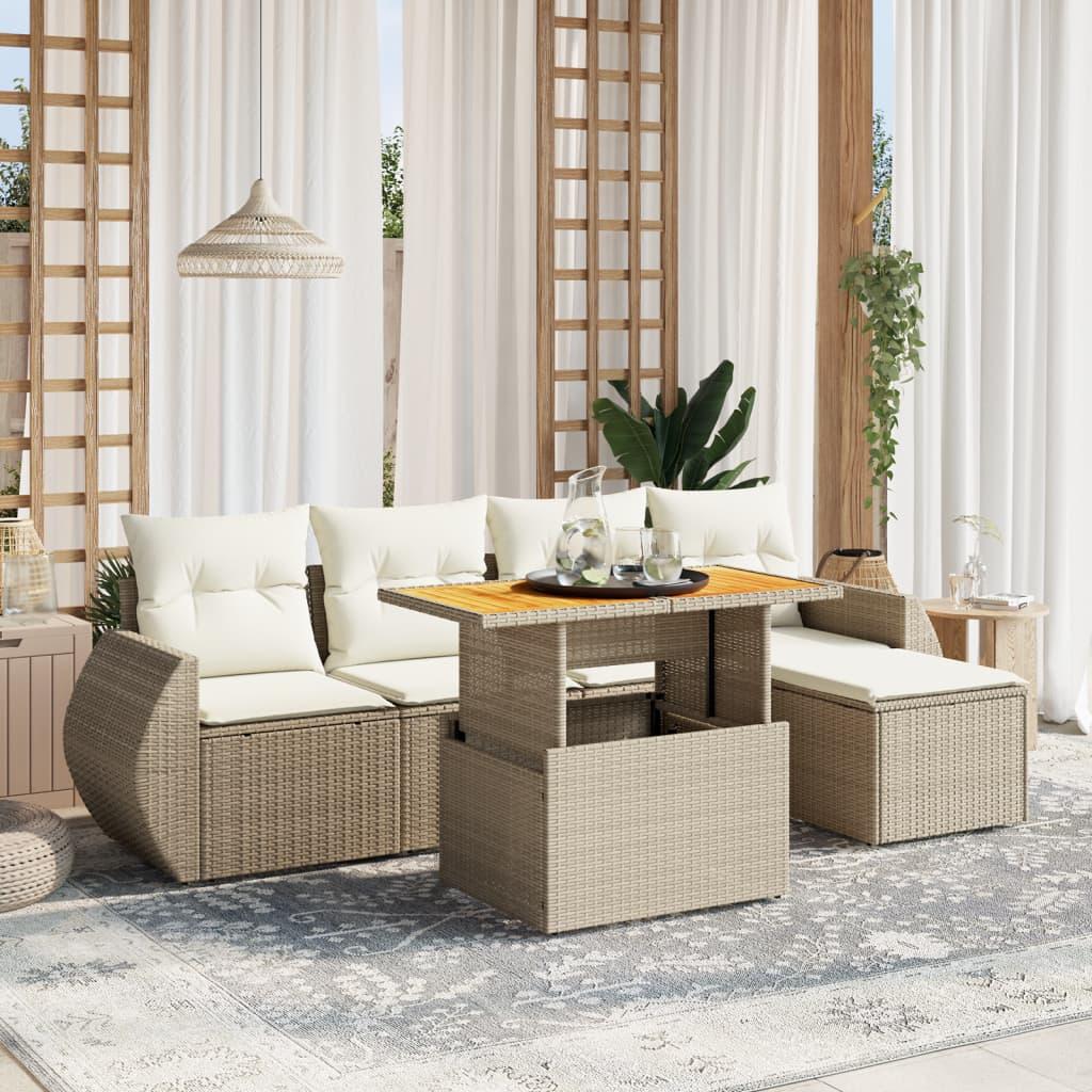 Havesofasæt 6 dele med hynder i polyrattan beige