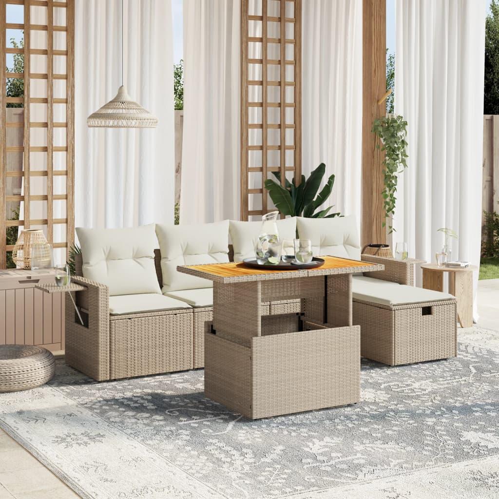 Havesofasæt 6 dele med hynder i polyrattan - beige