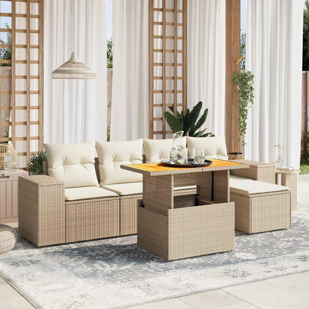 Havesofasæt 6 dele med hynder i polyrattan beige