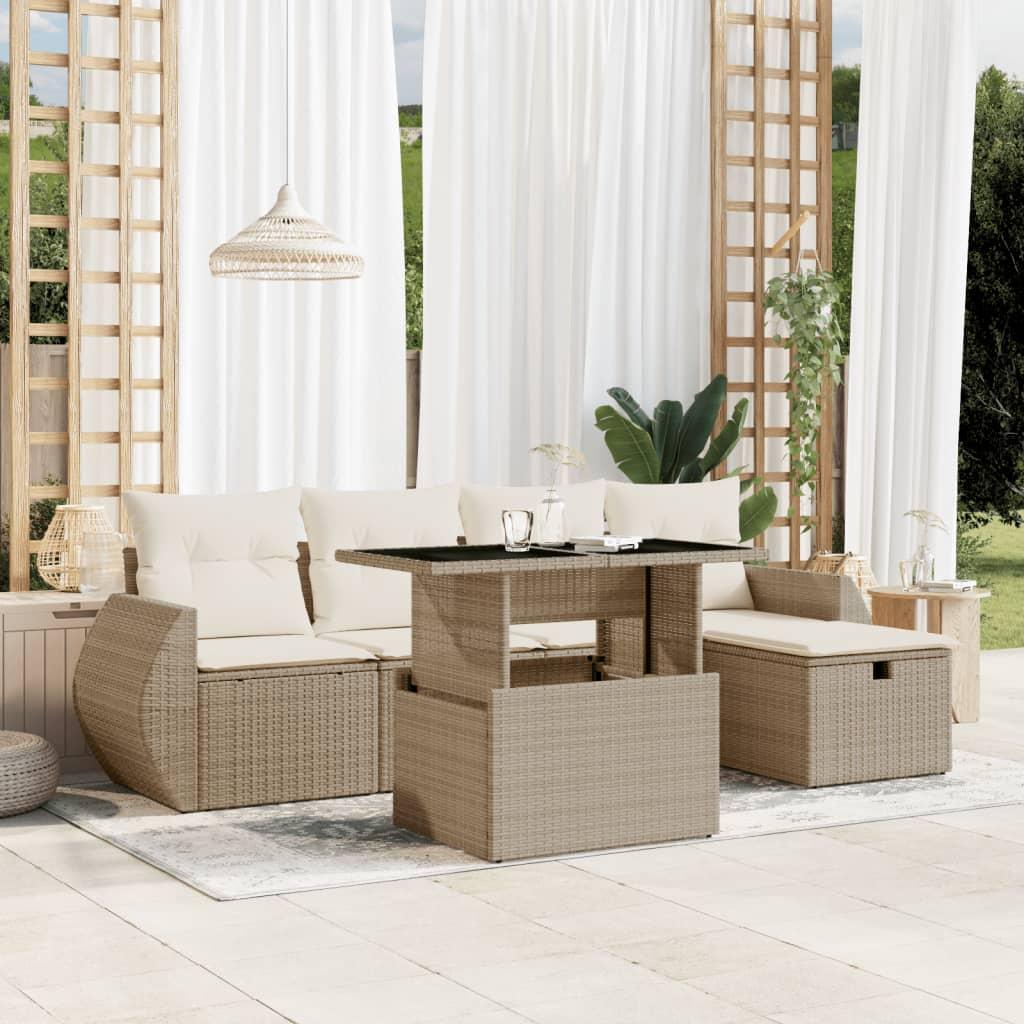Sofasæt til haven 6 dele med hynder i polyrattan beige