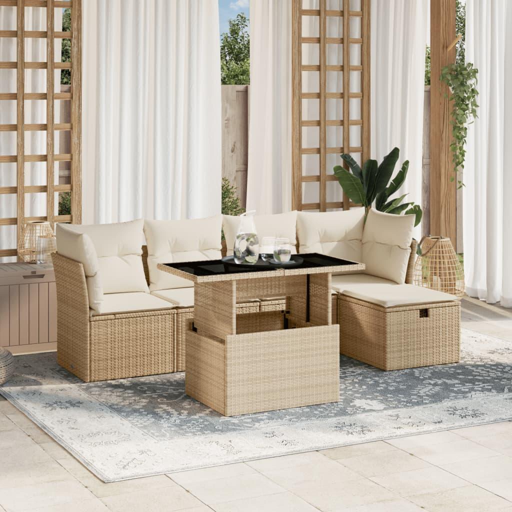 Sofasæt til haven 6 dele med hynder i polyrattan beige
