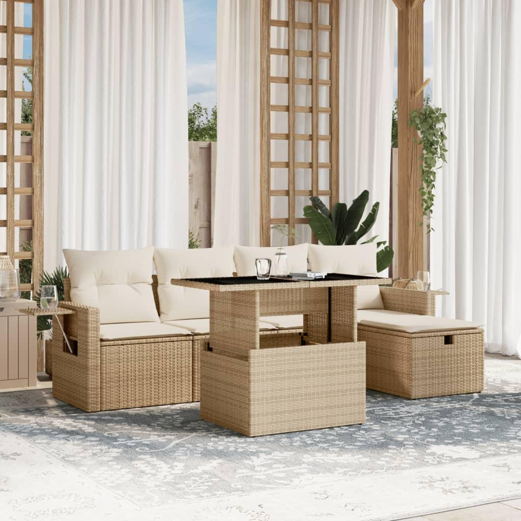 Sofasæt til haven 6 dele med hynder i polyrattan beige