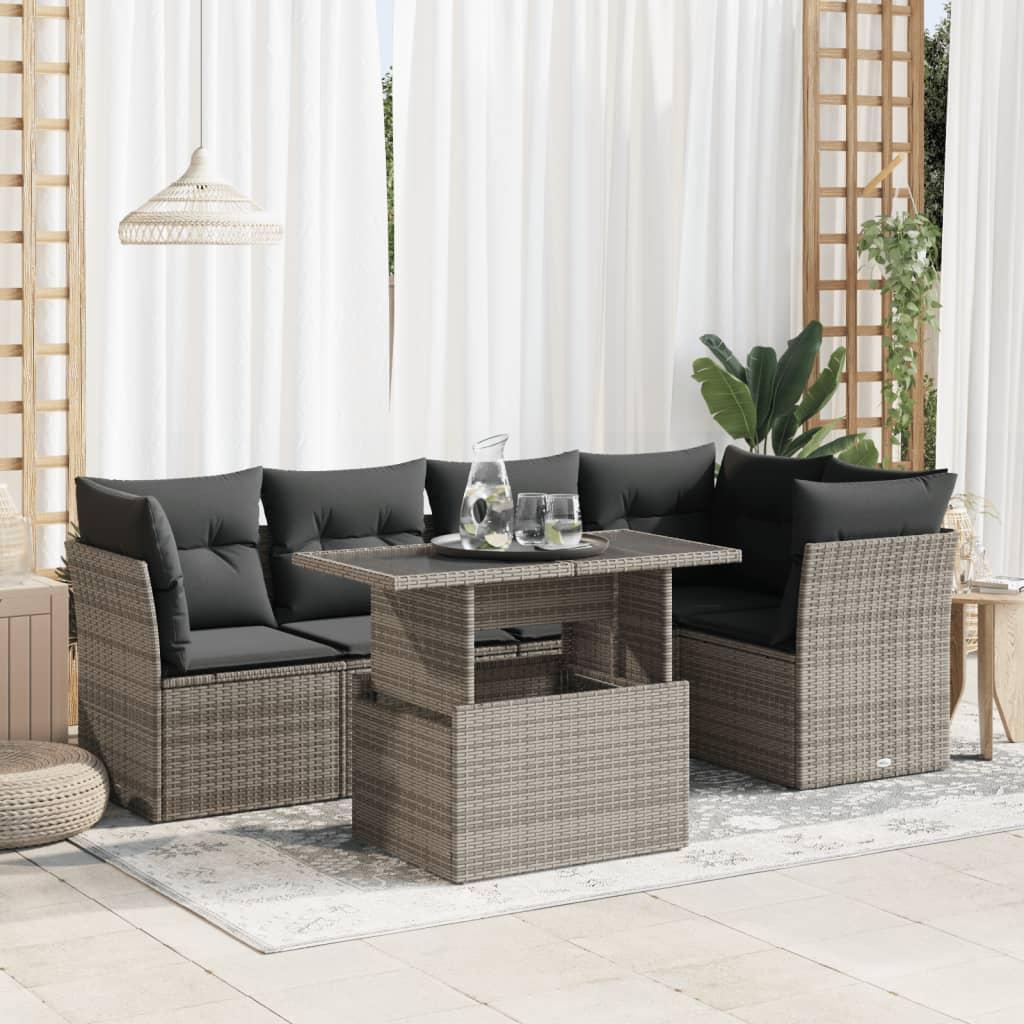 Sofasæt til haven i polyrattan - 6 dele med hynder, grå