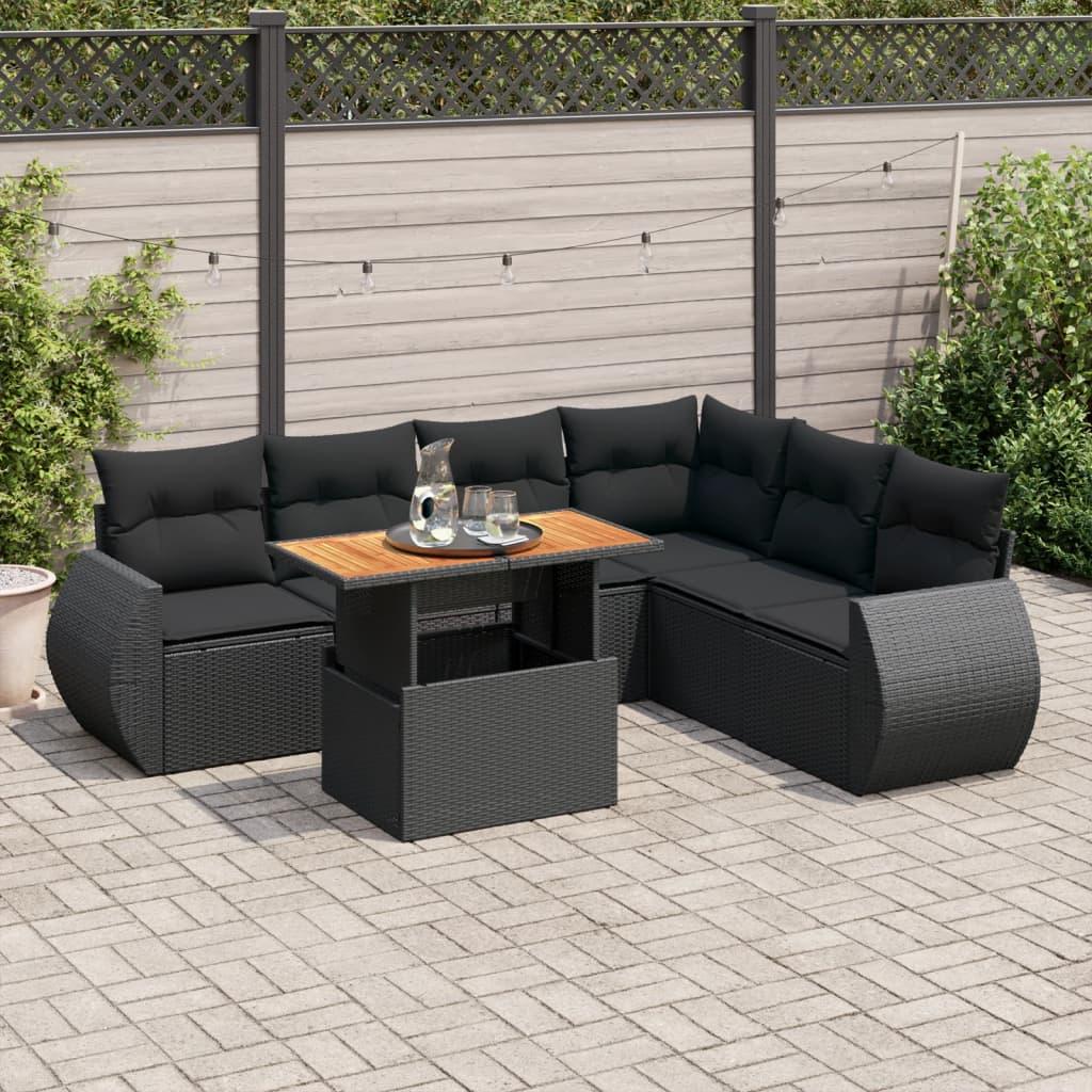 Sofasæt til haven i polyrattan - 7 dele med hynder, sort