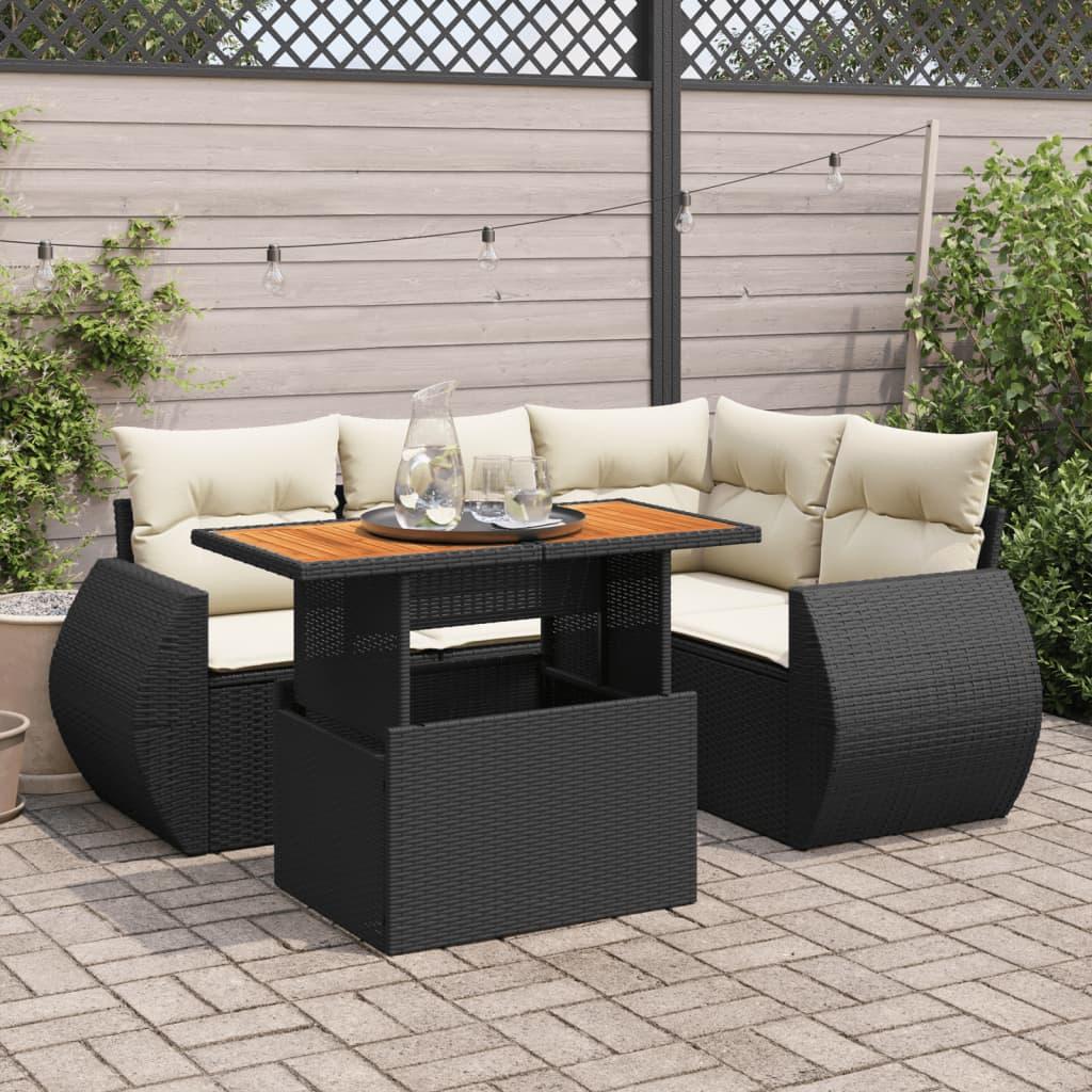 Sofasæt til haven i polyrattan - 5 dele med hynder, sort