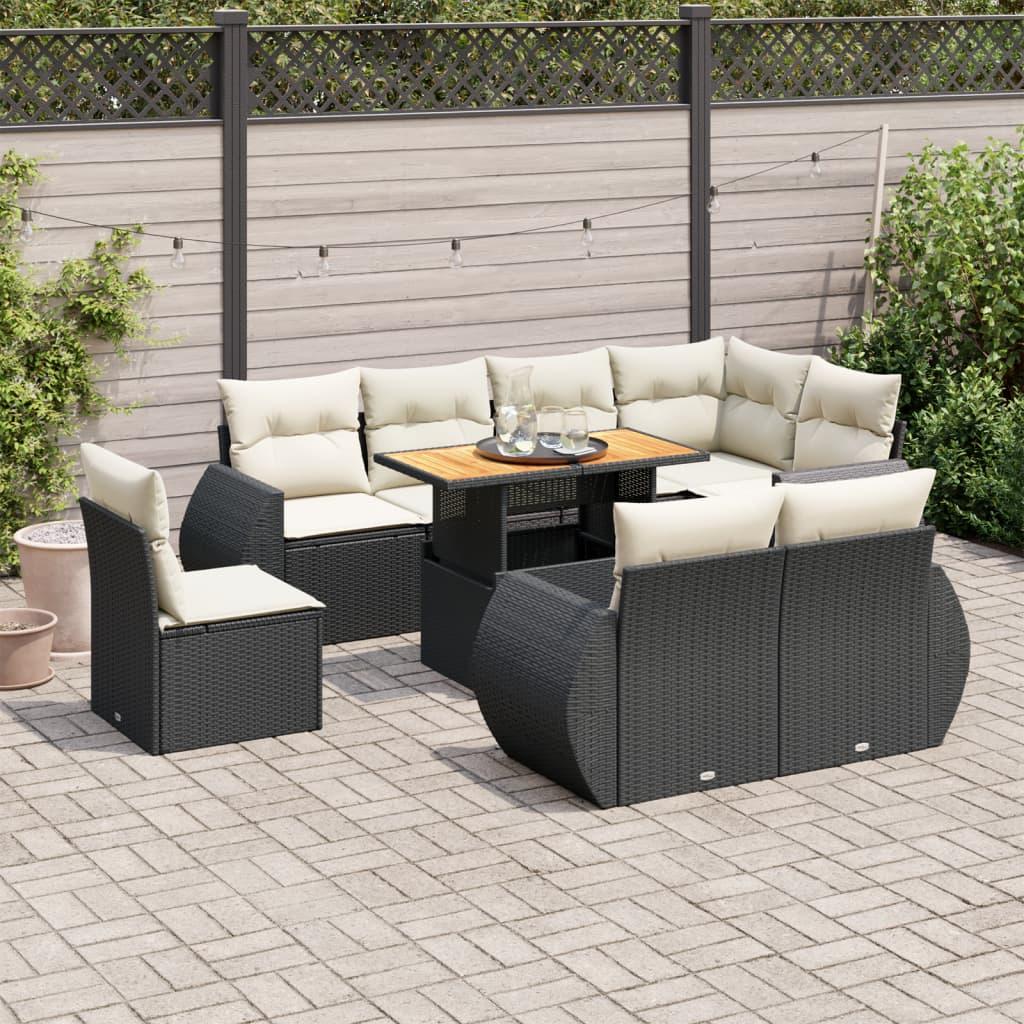 Havesofasæt i polyrattan - 9 dele med hynder, sort