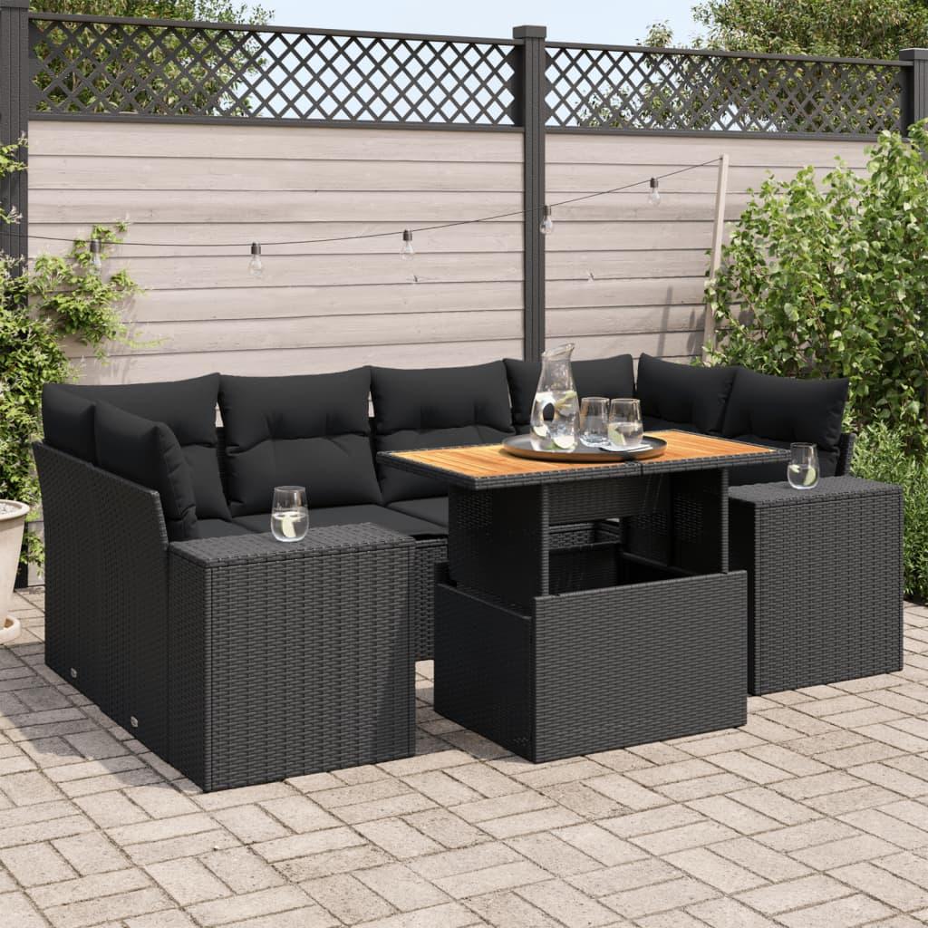 Havesofasæt i polyrattan - 7 dele med hynder, sort